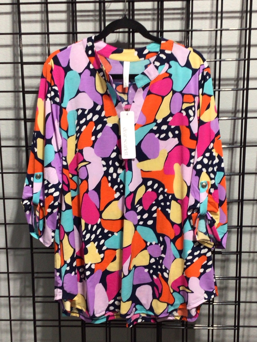 Colorful Abstract Pattern Roll-Tab Sleeve Blouse - Multicolor